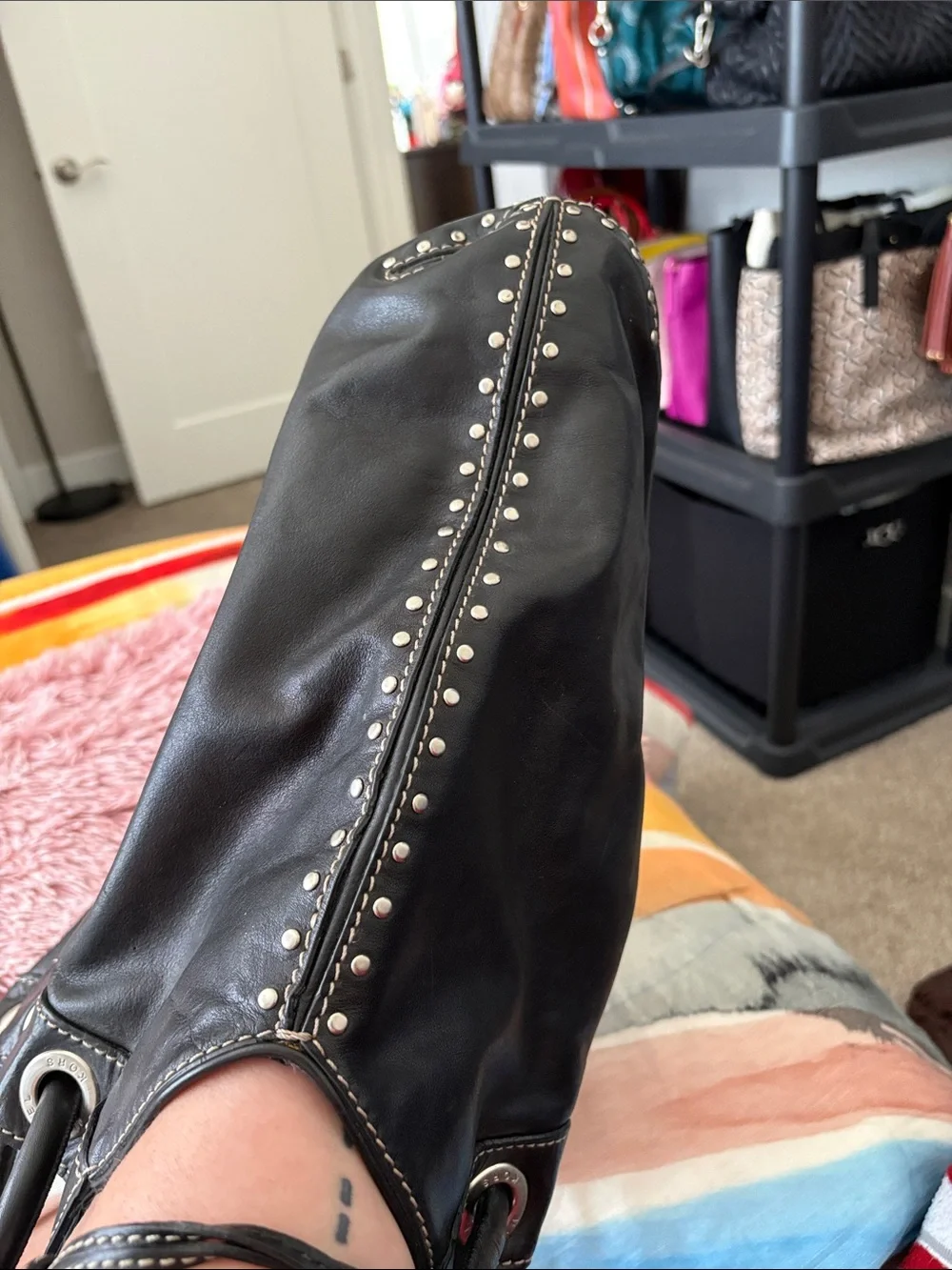 Michael Kors Black Leather Studded Drawstring Tote - Picture 10 of 13